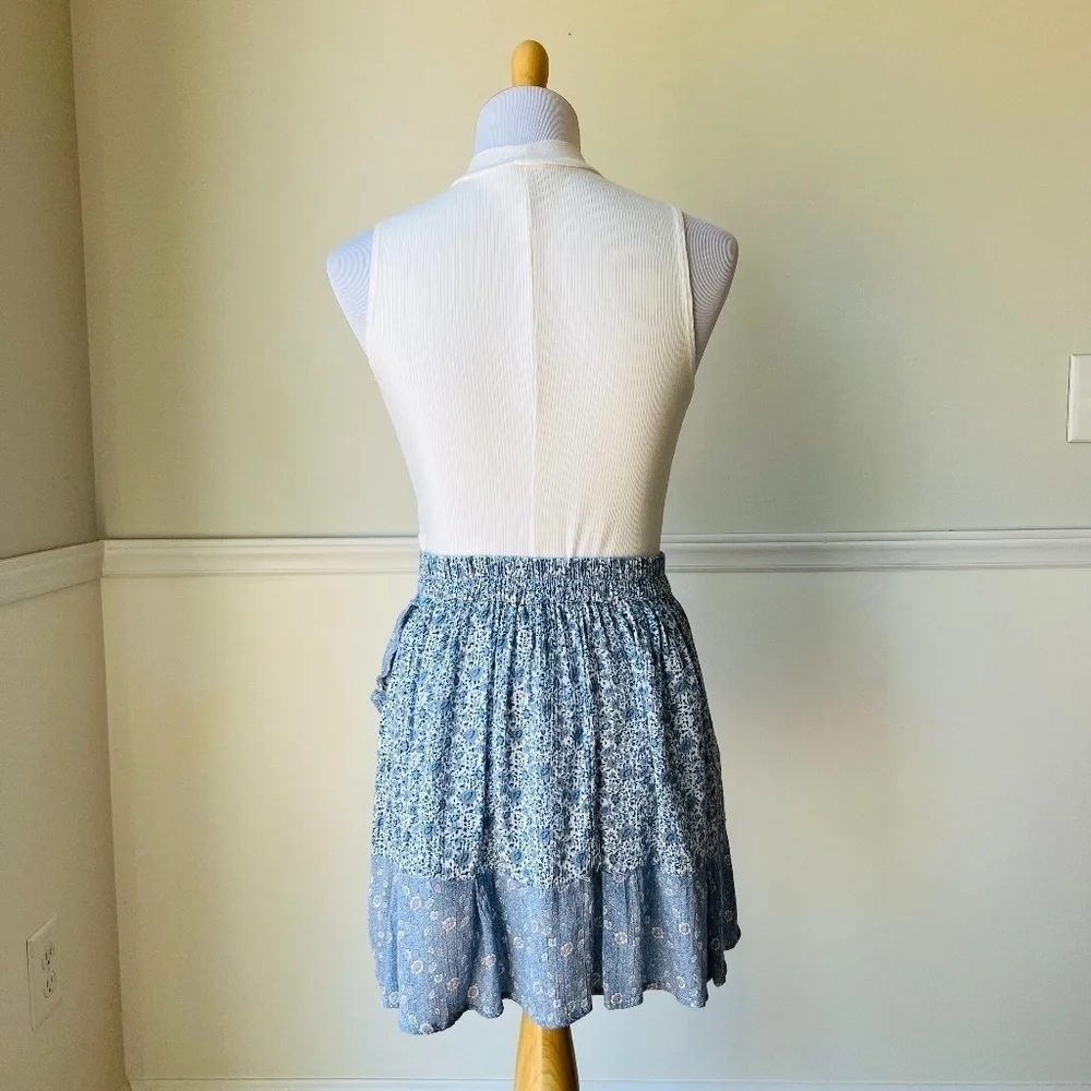 Sim & Sam Floral Ruffles White and Blue Mini Cottagecore Skirt - Size Medium